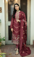 Shirt EMBROIDERED FRONT DIGITAL PRINTED BACK DYED SLEEVES EMBROIDERED DAMAN BORDER EMBROIDERED NECK PATCH  Dupatta EMBROIDERED KARANDI SHAWL  Trouser DYED TROUSER