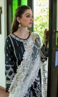 Shirt SEQUINS EMBROIDERED FRONT FOAM PRINTED BACK AND SLEEVES EMBROIDERED NECKLINE EMBROIDERED DAMAN BORDER  Dupatta LUXURIOUS EMBROIDERED NET DUPATTA  Trouser CAMBRIC TROUSER