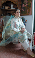 Shirt LACQUER PRINTED SCHIFFLI EMBROIDERED FRONT EMBROIDERED BACK AND SLEEVES BLOCK PRINTED DAMAN BORDER   Dupatta MULTI COLORED ZARI ORGANZA DUPATTA  Trouser LACQUER PRINTED CAMBRIC TROUSER
