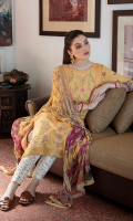 Shirt FULL EMBROIDERED FRONT DIGITAL PRINTED BACK AND SLEEVES EMBROIDERED DAMAN BORDER  Dupatta DIGITAL PRINTED CHIFFON DUPATTA  Trouser LACQUER PRINTED CAMBRIC TROUSER