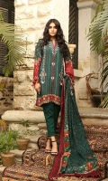 Dupatta: Woolen Shawl, 2.5 Meters Shirt Front: Dyed Emb, 1.25 Meters Shirt Back: Printed, 1.25 Meters Sleeves: Printed, 01 Pair Trouser: Dyed, 2.5 Meters Border: Printed, 01 Pieces
