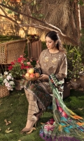 Printed Lawn Shirt Dyed Cambric Trouser Printed Chiffon Dupatta Embroiodered Neckline Organza Embroidered Border Organza