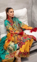 Digital Printed Lawn Front 1.25 MTR Digital Printed Lawn Back 1.25 MTR Digital Printed Lawn Sleeves 0.66 MTR Digital Printed Chiffon Dupatta 2.5 Yard Dyed Cotton Trouser 2.5 Yard Embroidered Patch For Front 1 PC Embroidered Border For Trouser 1.2 MTR