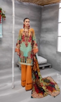 Digital Printed Lawn Front 1.25 MTR Digital Printed Lawn Back 1.25 MTR Digital Printed Lawn Sleeves 0.66 MTR Digital Printed Chiffon Dupatta 2.5 Yard Dyed Cotton Trouser 2.5 Yard Embroidered Motifs For Front 4 PC Embroidered Border For Front 0.8 MTR Embroidered Border For Sleeves 1 MTR Embroidered Neckline 1 PC