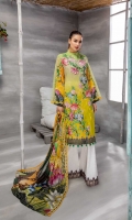 Digital Printed Lawn Front 1.25 MTR Digital Printed Lawn Back 1.25 MTR Digital Printed Lawn Sleeves 0.66 MTR Digital Printed Chiffon Dupatta 2.5 Yard Paste Printed Cotton Trouser 2.5 Yard Embroidered Motifs For Front 2 PC Embroidered Border For Sleeves And Back 1.75 MTR Embroidered Border For Trouser 1.2 MTR