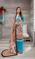 Digital Printed And Embroidered Lawn Front 1.25 MTR Digital Printed Lawn Back 1.25 MTR Digital Printed Lawn Sleeves 0.66 MTR Embroidered Net Dupatta 2.5 Yard Dyed Cotton Trouser 2.5 Yard Embroidered Motifs For Front 3 PC Embroidered Patti For Front Back And Sleeves 2.5 MTR Embroidered Border For Trouser 1.2 MTR