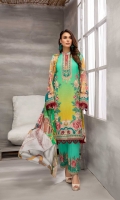 Digital Printed Lawn Front 1.25 MTR Digital Printed Lawn Back 1.25 MTR Digital Printed Lawn Sleeves 0.66 MTR Digital Printed Chiffon Dupatta 2.5 Yard Dyed Cotton Trouser 2.5 Yard Embroidered Motifs For Front 2 PC Embroidered Patti For Front Back And Sleeves 2.5 MTR Embroidered Neckline 1 PC Embroidered Motifs For Trouser 2 PC