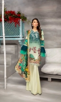 Digital Printed Lawn Front 1.25 MTR Digital Printed Lawn Back 1.25 MTR Digital Printed Lawn Sleeves 0.66 MTR Digital Printed Chiffon Dupatta 2.5 Yard Dyed Cotton Trouser 2.5 Yard Embroidered Patch For Front 2 PC Embroidered Patti For Front Back And Sleeves 2.5 MTR