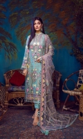 Embroidered Chiffon Front 0.8 MTR Embroidered Chiffon Back 0.8 MTR Embroidered Chiffon Sleeves 0.66 MTR Embroidered Net Dupatta 2.5 Yard Dyed Raw Silk Trouser 2.5 Yard Embroidered Border For Front 1 PC Embroidered Border For Back 0.8 MTR Embroidered Border For Sleeves 1 MTR Embroidered Motifs For Sleeves 2 PC