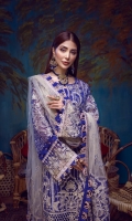 Embroidered Chiffon Front 0.8 MTR Embroidered Chiffon Back 0.8 MTR Embroidered Chiffon Sleeves 0.66 MTR Embroidered Net Dupatta 2.5 Yard Dyed Raw Silk Trouser 2.5 Yard Embroidered Border For Front 0.8 MTR Embroidered Border For Back 0.8 MTR Embroidered Border For Sleeves 1 MTR Embroidered Motifs For Sleeves 2 PC