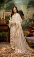 Schiffli Embroidered Chiffon Front 0.8 MTR Embroidered Chiffon Back 0.8 MTR Embroidered Chiffon Sleeves 0.66 MTR Embroidered Net Dupatta 2.5 Yard Dyed Raw Silk Trouser 2.5 Yard Embroidered Patch For Front 1 PC Embroidered Border For Front 0.8 MTR Embroidered Border For Back 0.8 MTR Embroidered Border For Sleeves 1 MTR Embroidered Neck Patti 1.2 MTR Embroidered Motifs For Dupatta 3 PC