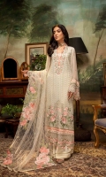 Schiffli Embroidered Chiffon Front 0.8 MTR Embroidered Chiffon Back 0.8 MTR Embroidered Chiffon Sleeves 0.66 MTR Embroidered Net Dupatta 2.5 Yard Dyed Raw Silk Trouser 2.5 Yard Embroidered Patch For Front 1 PC Embroidered Border For Front 0.8 MTR Embroidered Border For Back 0.8 MTR Embroidered Border For Sleeves 1 MTR Embroidered Neck Patti 1.2 MTR Embroidered Motifs For Dupatta 3 PC