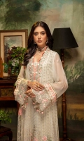 Schiffli Embroidered Chiffon Front 0.8 MTR Embroidered Chiffon Back 0.8 MTR Embroidered Chiffon Sleeves 0.66 MTR Embroidered Net Dupatta 2.5 Yard Dyed Raw Silk Trouser 2.5 Yard Embroidered Patch For Front 1 PC Embroidered Border For Front 0.8 MTR Embroidered Border For Back 0.8 MTR Embroidered Border For Sleeves 1 MTR Embroidered Neck Patti 1.2 MTR Embroidered Motifs For Dupatta 3 PC