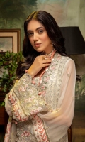 Schiffli Embroidered Chiffon Front 0.8 MTR Embroidered Chiffon Back 0.8 MTR Embroidered Chiffon Sleeves 0.66 MTR Embroidered Net Dupatta 2.5 Yard Dyed Raw Silk Trouser 2.5 Yard Embroidered Patch For Front 1 PC Embroidered Border For Front 0.8 MTR Embroidered Border For Back 0.8 MTR Embroidered Border For Sleeves 1 MTR Embroidered Neck Patti 1.2 MTR Embroidered Motifs For Dupatta 3 PC