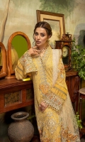 Schiffli Embroidered Chiffon Front 0.8 MTR Embroidered Chiffon Back 0.8 MTR Embroidered Chiffon Sleeves 0.66 MTR Embroidered Net Dupatta 2.5 Yard Dyed Raw Silk Trouser 2.5 Yard Embroidered Patch And Motif For Front 1 PC Embroidered Motifs For Sleeves 2 PC Embroidered Border For Front 0.8 MTR Embroidered Border For Back 0.8 MTR Embroidered Border For Sleeves 1 MTR Embroidered Neck Patti 1.2 MTR Embroidered Motifs For Dupatta 3 PC