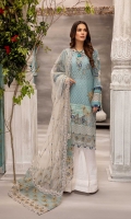 Schiffli Embroidered Lawn Front 1 YardDyed Lawn Back 1.25 MTRSchiffli Embroidered Lawn Sleeves 0.66 MTRPaste Printed Cotton Trouser 2.5 YardEmbroidered Net Dupatta 2.5 YardEmbroidered Patch For Front 1...