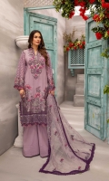 Embroidered Lawn Front 1.2 MTREmbroidered Lawn Back 1.25 MTRSchiffli Embroidered Lawn Sleeves 0.66 MTRDyed Cotton Trouser 2.5 YardEmbroidered Net Dupatta 2.5 YardEmbroidered Front Border Patch 1 PCEmbroidered Border...