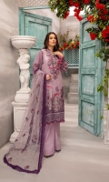 Embroidered Lawn Front 1.2 MTREmbroidered Lawn Back 1.25 MTRSchiffli Embroidered Lawn Sleeves 0.66 MTRDyed Cotton Trouser 2.5 YardEmbroidered Net Dupatta 2.5 YardEmbroidered Front Border Patch 1 PCEmbroidered Border...