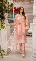 Schiffli Embroidered Lawn Front 1 YardDyed Lawn Back 1.25 MTRSchiffli Embroidered Lawn Sleeves 0.66 MTRDyed Cotton Trouser 2.5 YardEmbroidered Net Dupatta 2.5 YardEmbroidered Motifs For Front 4 PCEmbroidered...