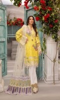 Schiffli Embroidered Lawn Front 1 YardEmbroidered Lawn Back 1.25 MTREmbroidered Lawn Sleeves 0.66 MTRPaste Printed Cotton Trouser 2.5 YardEmbroidered Net Dupatta 2.5 YardEmbroidered Motifs For Front 2 PCEmbroidered...