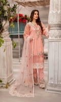 Schiffli Embroidered Lawn Front 1 YardDyed Lawn Back 1.25 MTRSchiffli Embroidered Lawn Sleeves 0.66 MTRDyed Cotton Trouser 2.5 YardEmbroidered Net Dupatta 2.5 YardEmbroidered Motifs For Front 4 PCEmbroidered...