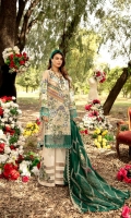 Digital Printed Lawn Front 1.25 MTR Digital Printed Lawn Back 1.25 MTR Digital Printed Lawn Sleeves 0.66 MTR Dyed Cotton Trouser 2.5 Yard Embroidered Chiffon Dupatta 2.5 Yard Embroidered Motifs For Front 2 PC Embroidered Patti For Neck 1.2 MTR Embroidered Border For Front 0.8 MTR Embroidered Border For Sleeves 1 MTR Embroidered Motifs For Trouser 2 PC