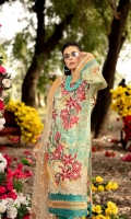 Digital Printed Lawn Front 1.25 MTR Digital Printed Lawn Back 1.25 MTR Digital Printed Lawn Sleeves 0.66 MTR Dyed Cotton Trouser 2.5 Yard Laser Cuted Embroidered Net Dupatta 2.5 Yard Embroidered Patch For Front 2 PC Embroidered Motifs For Front 2 PC Embroidered Patti 2.5 MTR Embroidered Motifs For Trouser 2 PC