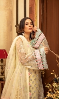 Embroidered Organza front 0.9 MTR Embroidered Organza Back 0.9 MTR Embroidered Organza Sleeves 0.66 MTR Dyed Raw Silk Trouser 2.5 Yard Embroidered Net Dupatta 2.5 Yard Embroidered Silk Border1 For Front 0.8 MTR Embroidered Silk Border2 For Front 0.8 MTR Embroidered Silk Border1 For Back 0.8 MTR Embroidered Silk Border2 For Back 0.8 MTR Embroidered Silk Patti For Sleeves 1 MTR Embroidered Silk Border For Sleeves 1 MTR