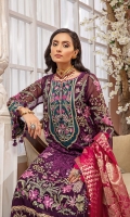Embroidered Chiffon Front   0.8 MTR Embroidered Chiffon Back    0.8 MTR Dyed Chiffon Sleeves   0.66 MTR Dyed Banarsi Shawl Dyed Raw Silk Trouser   2.5 Yard Embroidered Neckline   1 PC Embroidered Border For Front  0.8 MTR Embroidered Border For Back  0.8 MTR Embroidered Border For Sleeves  1 MTR Embroidered Motifs For Sleeves  2 PC Embroidered Patch For Trouser  2 PC