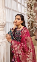 Embroidered Chiffon Front   0.8 MTR Embroidered Chiffon Back    0.8 MTR Dyed Chiffon Sleeves   0.66 MTR Dyed Banarsi Shawl Dyed Raw Silk Trouser   2.5 Yard Embroidered Neckline   1 PC Embroidered Border For Front  0.8 MTR Embroidered Border For Back  0.8 MTR Embroidered Border For Sleeves  1 MTR Embroidered Motifs For Sleeves  2 PC Embroidered Patch For Trouser  2 PC
