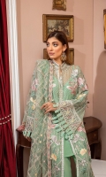 Embroidered Chiffon Front Panel 1 0.33MTR Embroidered Chiffon Front Panel2 0.33MTR Embroidered Chiffon Front Panel3 0.33MTR Embroidered Chiffon Back 0.99MTR Embroidered Chiffon Sleeves 0.66MTR Embroidered Net Dupatta 2.5Yard Dyed Raw Silk Trouser 2.5Yard Embroidered Neckline 1PC Embroidered Border1 For Front 0.99MTR Embroidered Border2 For Front 0.99MTR Embroidered Border For Back 0.99MTR Embroidered Border For Sleeves 1MTR Embroidered Motifs For Sleeves 2PC Embroidered Patti For Front 2.5MTR Embroidered Border For Trouser 1.2MTR