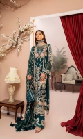 Embroidered Chiffon Front 0.8MTR Embroidered Chiffon Back 0.8MTR Dyed Chiffon Sleeves 0.66MTR Embroidered Chiffon Dupatta 2.5Yard Dyed Raw Silk Trouser 2.5Yard Embroidered Border1 For Front 0.8MTR Embroidered Border2 For Front 0.8MTR Embroidered Border1 For Back 0.8MTR Embroidered Border2 For Back 0.8MTR Embroidered Border For Sleeves 1MTR Embroidered Motifs For Sleeves 2PC Embroidered Border For Trouser 1.2MTR