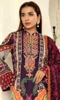 Digital Printed and Embroidered Lawn Front Digital Printed Back Embroidered Chiffon Dupatta Digital Printed Lawn Sleeves Dyed Cotton Trouser