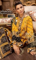 Embroidered Lawn Front 1.2 MTR Embroidered Lawn Back 1.2 MTR Embroidered Lawn Sleeves 0.66 MTR Dyed Cotton Trouser 2.5 Yard Digital Printed Silk Dupatta 2.5 Yard Embroidered Motifs For Front 5 PC Embroidered Patti For Front 1.6 MTR Embroidered Border Frame For Front 1 PC Embroidered Patti For Back 0.8 MTR Embroidered Patti For Sleeves 1 MTR Embroidered Border For Sleeves 1 MTR