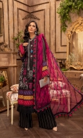 Embroidered Lawn Front 1.2 MTR Embroidered Lawn Back 1.2 MTR Embroidered Chiffon Sleeves 0.66 MTR Embroidered Cotton Trouser 2.5 Yard Embroidered Net Dupatta 2.5 Yard Embroidered Border1 For Front 0.8 MTR Embroidered Border2 For Front 0.8 MTR Embroidered Border3 For Front 0.8 MTR Embroidered Patti For Front 2.5 MTR Embroidered Patti For Back 2.5 MTR Embroidered Border1 For Sleeves 1 MTR Embroidered Border2 For Sleeves 1 MTR Embroidered Border3 For Sleeves 1 MTR Embroidered Patti For Sleeves 3 MTR