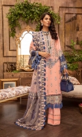 Embroidered Lawn Front 1.2 MTR Embroidered Lawn Back1.2 MTR Embroidered Lawn Sleeves 0.66 MTR Dyed Cotton Trouser 2.5 Yard Organza Jacquard Shawl 2.5 Yard Embroidered Border For Front 0.8 MTR Embroidered Border 1 For Sleeves 1 MTR Embroidered Border 2 For Sleeves 1 MTR Embroidered Patti Set For Trouser 1.2 MTR