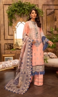 Embroidered Lawn Front 1.2 MTR Embroidered Lawn Back1.2 MTR Embroidered Lawn Sleeves 0.66 MTR Dyed Cotton Trouser 2.5 Yard Organza Jacquard Shawl 2.5 Yard Embroidered Border For Front 0.8 MTR Embroidered Border 1 For Sleeves 1 MTR Embroidered Border 2 For Sleeves 1 MTR Embroidered Patti Set For Trouser 1.2 MTR
