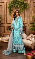 Embroidered Lawn Front1.2 MTR Embroidered Lawn Back1.2 MTR Embroidered Lawn Sleeves 0.66 MTR Dyed Cotton Trouser 2.5 Yard Embroidered Cotton NetDupatta 2.5 Yard Embroidered Border 1 For front 0.8 MTR Embroidered Border 2 For front 0.8 MTR Embroidered Border For Back 0.8 MTR Embroidered Border 1 For Sleeves 1 MTR Embroidered Border 2 For Sleeves 1 MTR Embroidered Border For Trouser 1.2 MTR
