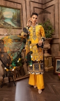 Embroidered Lawn Front 1.2 MTR Embroidered Lawn Back 1.2 MTR Embroidered Lawn Sleeves 0.66 MTR Dyed Cotton Trouser 2.5 Yard Digital Printed Silk Dupatta 2.5 Yard Embroidered Motifs For Front 5 PC Embroidered Patti For Front 1.6 MTR Embroidered Border Frame For Front 1 PC Embroidered Patti For Back 0.8 MTR Embroidered Patti For Sleeves 1 MTR Embroidered Border For Sleeves 1 MTR