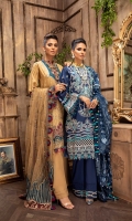 Embroidered Lawn Front Panel1 (1 PC) Embroidered Lawn Front Panel2 (1 PC) Embroidered Lawn Front Panel3 (1 PC) Embroidered Lawn Back 1.2 MTR Embroidered Lawn Sleeves 0.66 MTR Dyed Cotton Trouser 2.5 Yard Embroidered Cotton NetDupatta 2.5 Yard Embroidered Border1 For Front 0.8 MTR Embroidered Border2 For Front 0.8 MTR Embroidered Border For Back 0.8 MTR Embroidered Border1 For Sleeves 1 MTR Embroidered Border 2 For Sleeves 1 MTR Embroidered Border For Trouser 1.2 MTR