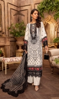 Embroidered Lawn Front 1.2 MTR Embroidered Lawn Back 1.2 MTR Embroidered Lawn Sleeves 0.66 MTR Embroidered Cotton Trouser 2.5 Yard Embroidered Organza Dupatta 2.5 Yard Embroidered Neckline1 PC Embroidered Border1 For Front 0.8 MTR Embroidered Lace Border For Front 0.8 MTR Embroidered Patti For Back 0.8 MTR Embroidered Border1 For Sleeves 1 MTR Embroidered Lace Border For Sleeves 1 MTR