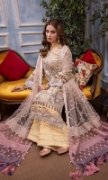Schiffli Embroidered Chiffon Fabric For Front And Sleeves 1.27 MTR Embroidered Chiffon Back 0.8 MTR Dyed Organza For Styling 0.5 Yard Dyed Raw Silk Trouser 2.5 Yard Embroidered Net Dupatta 2.5 MTR Embroidered Neckline 1 PC Embroidered Border Patch For Front 1 PC Embroidered Border For Front 0.8 MTR Embroidered Border For Back 0.8 MTR Embroidered Border For Sleeves 1 MTR