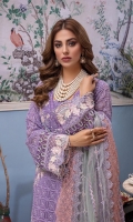 Schiffli Embroidered Chiffon Fabric For Front And Sleeves 1.27 MTR Embroidered Chiffon Back 0.8 MTR Dyed Organza For Styling 0.5 Yard Dyed Raw Silk Trouser 2.5 Yard Embroidered Net Dupatta 2.5 MTR Embroidered Neck Patti 1.2 MTR Embroidered Border Patch For Front 1 PC Embroidered Motifs For Front 2 PC Embroidered Border For Front 0.8 MTR Embroidered Border For Back 0.8 MTR Embroidered Border For Sleeves 1 MTR
