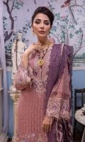 Schiffli Embroidered Chiffon Fabric For Front And Sleeves 1.27 MTR Embroidered Chiffon Back 0.8 MTR Dyed Organza For Styling 0.5 Yard Dyed Raw Silk Trouser 2.5 Yard Embroidered Chiffon Dupatta 2.5 MTR Embroidered Neckline 1 PC Embroidered Border Patch For Front 1 PC Embroidered Border For Front 0.8 MTR Embroidered Border For Back 0.8 MTR Embroidered Border For Sleeves 1 MTR