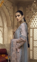 Zari Net Embroidered Front Panels 2 PC Zari Net Embroidered Sides Panel Panel 0.4 MTR Zari Net Embroidered Back 1.2 MTR Zari Net Embroidered Sleeves 0.66 MTR Poly Net Embroidered Dupatta 2.5 MTR Dyed Raw Silk Trouser 2.5 Yard Embroidered Border For Front 1.2 MTR Embroidered Border For Back 1.2 MTR Embroidered Border For Sleeves 1 MTR Embroidered Neckline 1 PC Embroidered Back Motif 1 PC