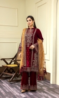 Embroidered Velvet Centre Panel For Front (0.33 MTR) Embroidered Velvet Side 1 Panel For Front (0.33 MTR) Embroidered Velvet Side 2 Panel For Front (0.33 MTR) Embroidered Velvet Sleeves (0.66 MTR) Plain Velvet Back (0.85 MTR) Velvet Embroidered Trouser (2.5 Yard) Embroidered Net Shawl (2.5 Yard) Velvet Embroidered Border For Front (0.8 MTR) Velvet Embroidered Border For Back (0.8 MTR) Velvet Embroidered Border For Sleeves (1 MTR)