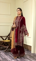 Embroidered Velvet Centre Panel For Front (0.33 MTR) Embroidered Velvet Side 1 Panel For Front (0.33 MTR) Embroidered Velvet Side 2 Panel For Front (0.33 MTR) Embroidered Velvet Sleeves (0.66 MTR) Plain Velvet Back (0.85 MTR) Velvet Embroidered Trouser (2.5 Yard) Embroidered Net Shawl (2.5 Yard) Velvet Embroidered Border For Front (0.8 MTR) Velvet Embroidered Border For Back (0.8 MTR) Velvet Embroidered Border For Sleeves (1 MTR)
