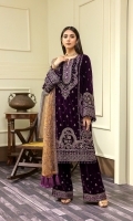 Embroidered Velvet Centre Panel For Front (0.33 MTR) Embroidered Velvet Side 1 Panel For Front (0.33 MTR) Embroidered Velvet Side 2 Panel For Front (0.33 MTR) Embroidered Velvet Sleeves (0.66 MTR) Plain Velvet Back (0.85 MTR) Velvet Embroidered Trouser (2.5 Yard) Embroidered Net Shawl (2.5 Yard) Velvet Embroidered Border For Front (0.8 MTR) Velvet Embroidered Border For Back (0.8 MTR) Velvet Embroidered Border For Sleeves (1 MTR)