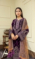 Embroidered Velvet Centre Panel For Front (0.33 MTR) Embroidered Velvet Side 1 Panel For Front (0.33 MTR) Embroidered Velvet Side 2 Panel For Front (0.33 MTR) Embroidered Velvet Sleeves (0.66 MTR) Plain Velvet Back (0.85 MTR) Velvet Embroidered Trouser (2.5 Yard) Embroidered Net Shawl (2.5 Yard) Velvet Embroidered Border For Front (0.8 MTR) Velvet Embroidered Border For Back (0.8 MTR) Velvet Embroidered Border For Sleeves (1 MTR)