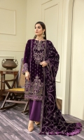 Embroidered Velvet Centre Panel For Front (0.33 MTR) Embroidered Velvet Side 1 Panel For Front (0.33 MTR) Embroidered Velvet Side 2 Panel For Front (0.33 MTR) Embroidered Velvet Sleeves (0.66 MTR) Plain Velvet Back (0.85 MTR) Dyed Raw Silk Trouser (2.5 Yard) Velvet Embroidered Shawl (2.5 Yard) Velvet Embroidered Border For Front (0.8 MTR) Velvet Embroidered Border For Back (0.8 MTR) Velvet Embroidered Border For Sleeves (1 MTR)